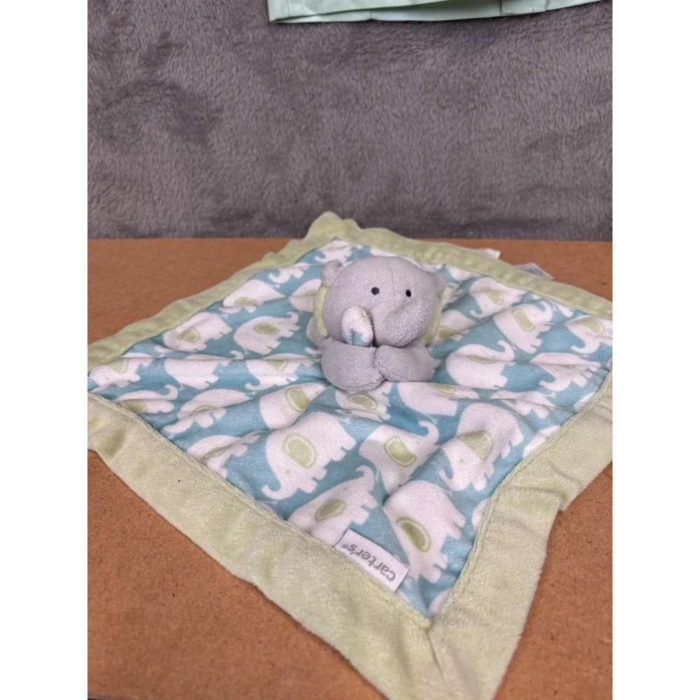 Carter's  Elephant Lovey Security Blanket Plush Blue Green Gray Baby Toy 13